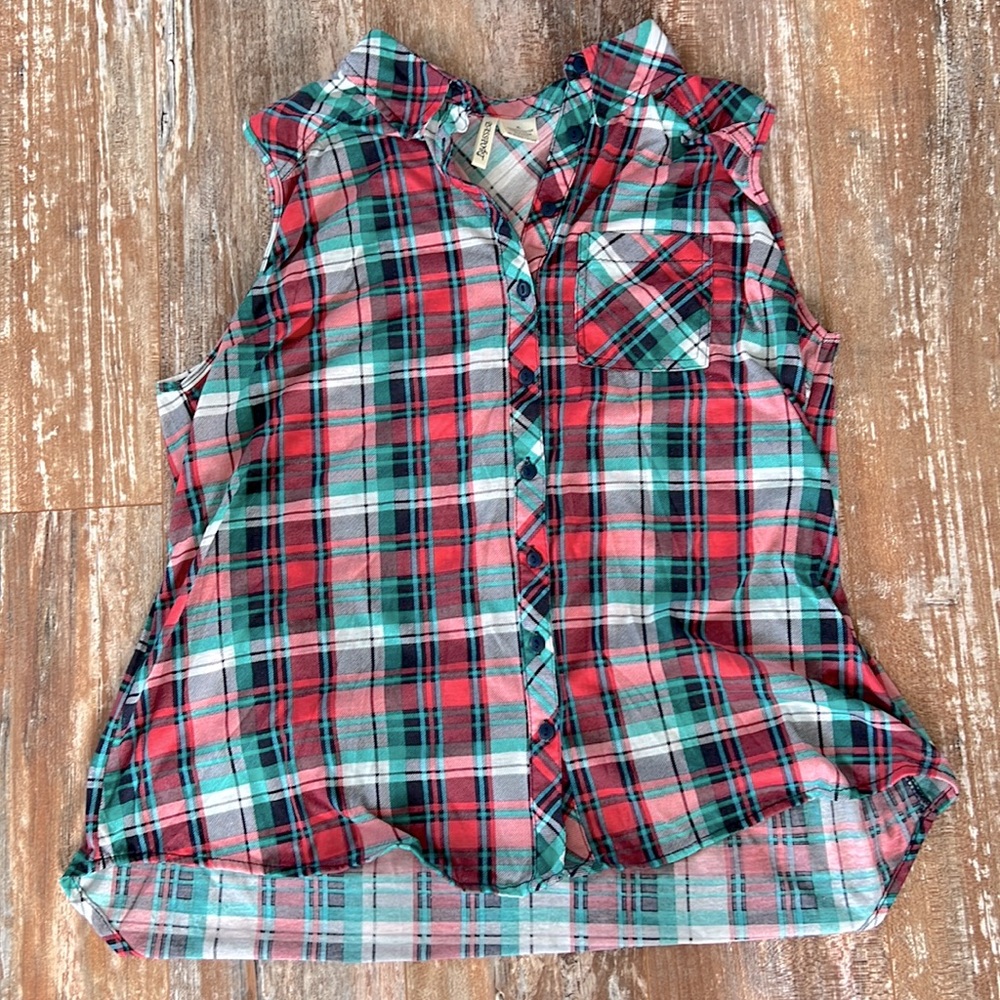 PASSPORT pink/green(teal) plaid tank top for women (juniors) size XL